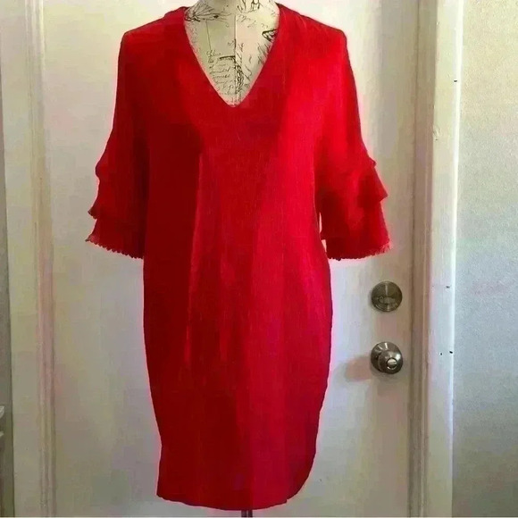Good Luck Gem Midi Red Dress Ruffle Sleeve Casual - Mint EUC - Picture 1 of 11